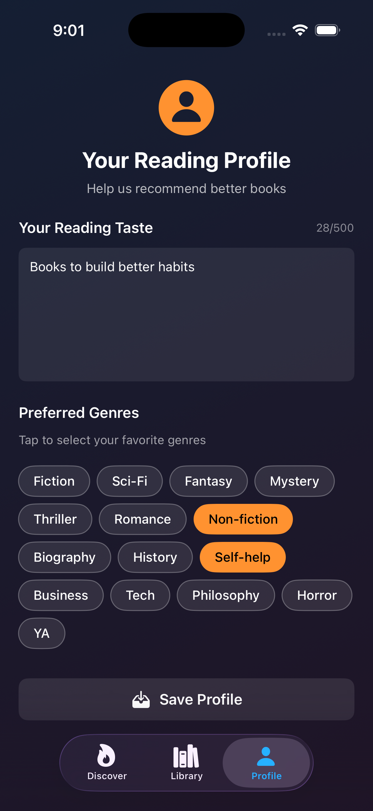 Profile view with reading preferences