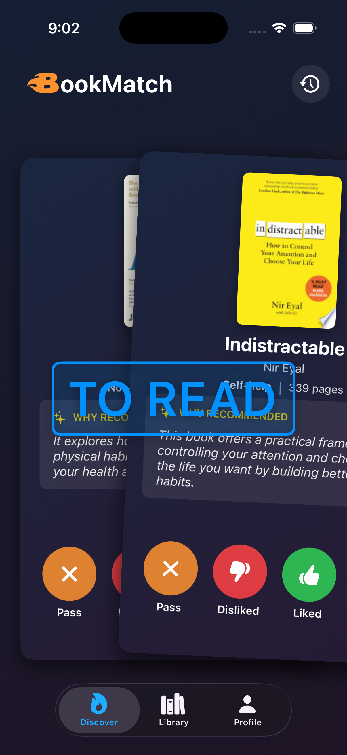 Swipe view showing a recommended book